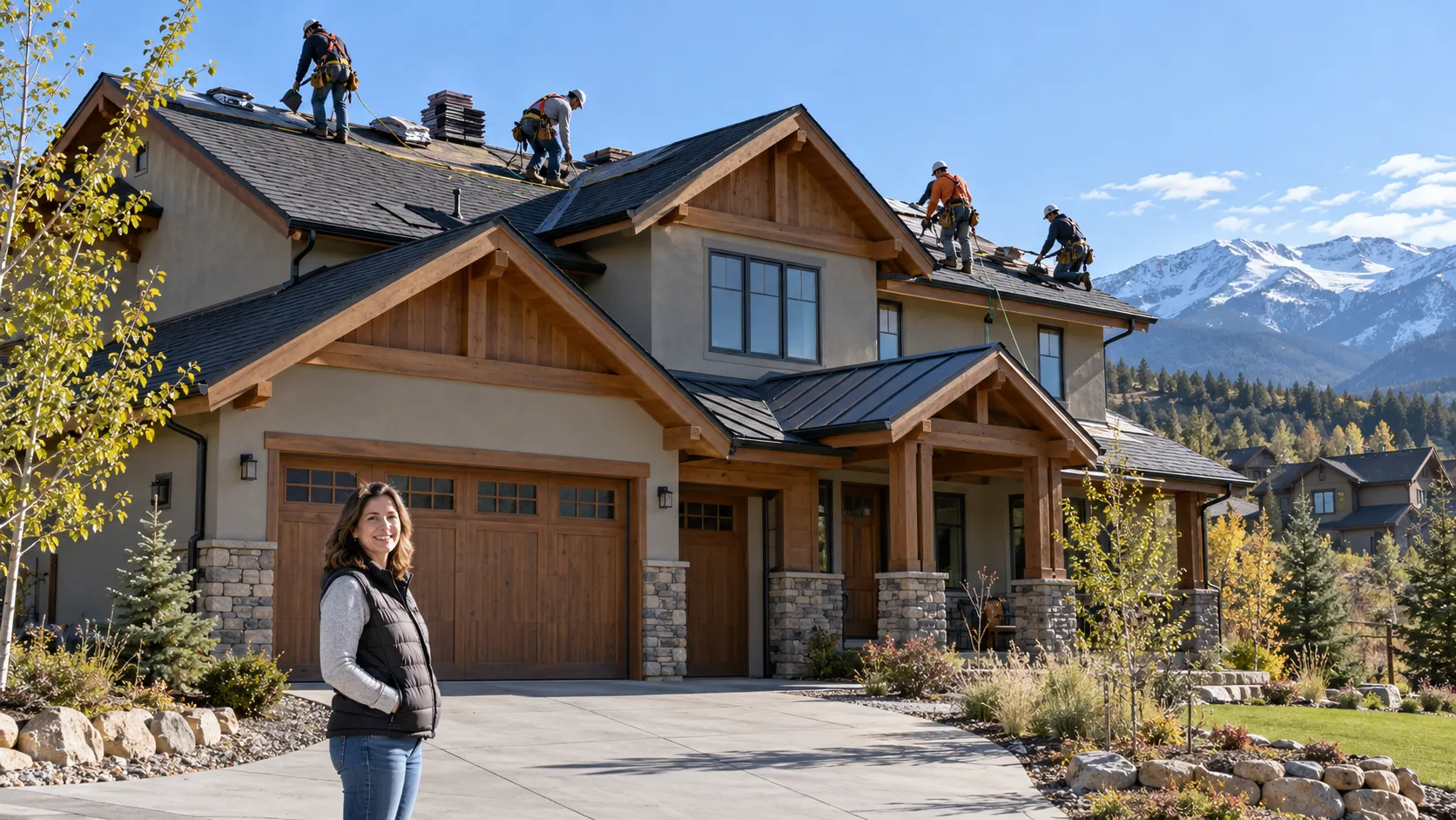 A newer frame home in Salt Lake City with a freshly finished roof under a bright blue sky