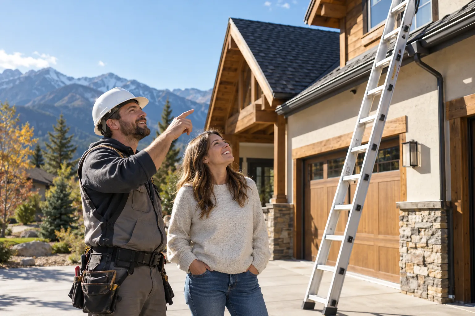 Friendly roofing provider talking with a Salt Lake City homeowner in the driveway about a roof