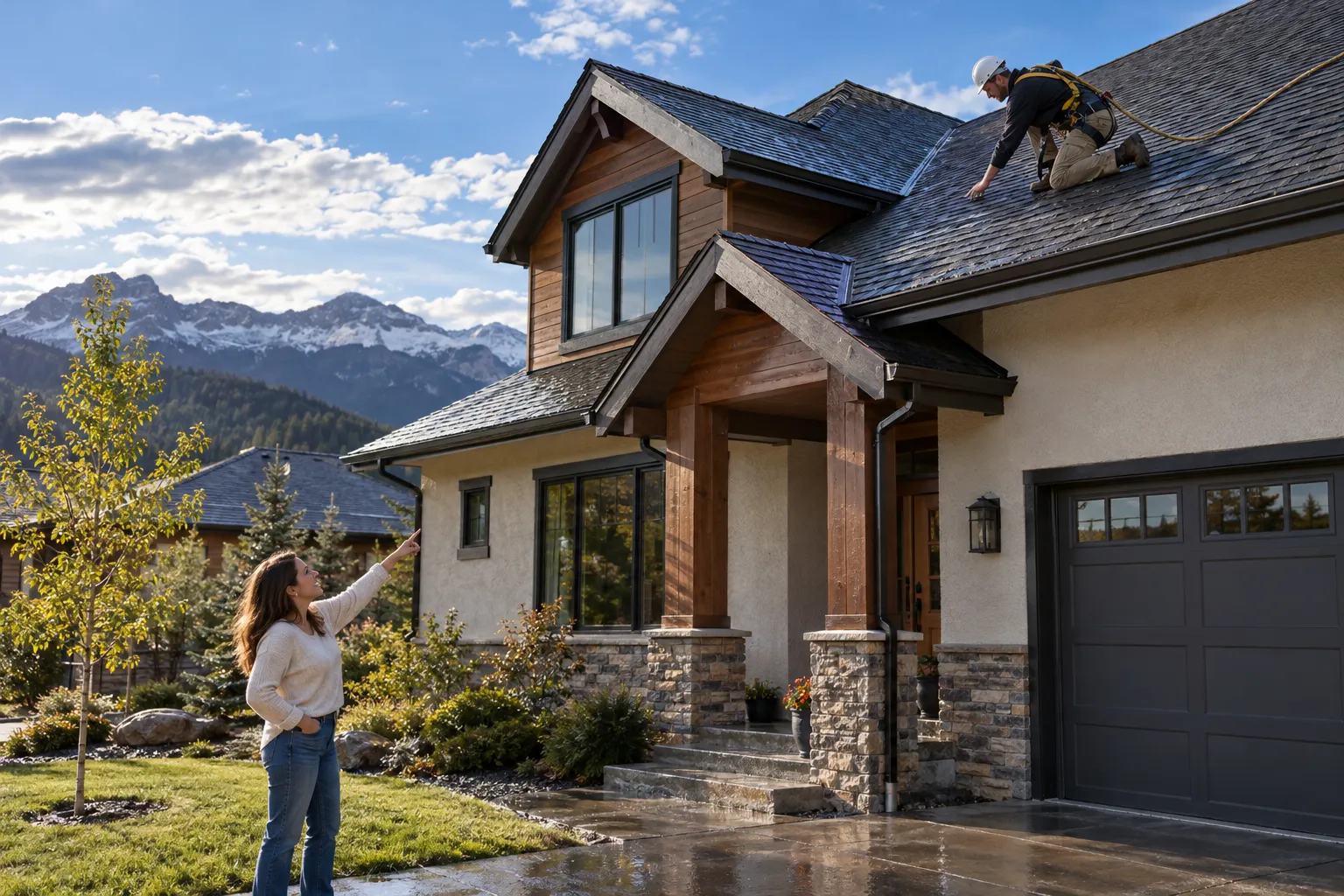 Independent roofing provider inspecting hail-bruised shingles on a home in the Salt Lake City area